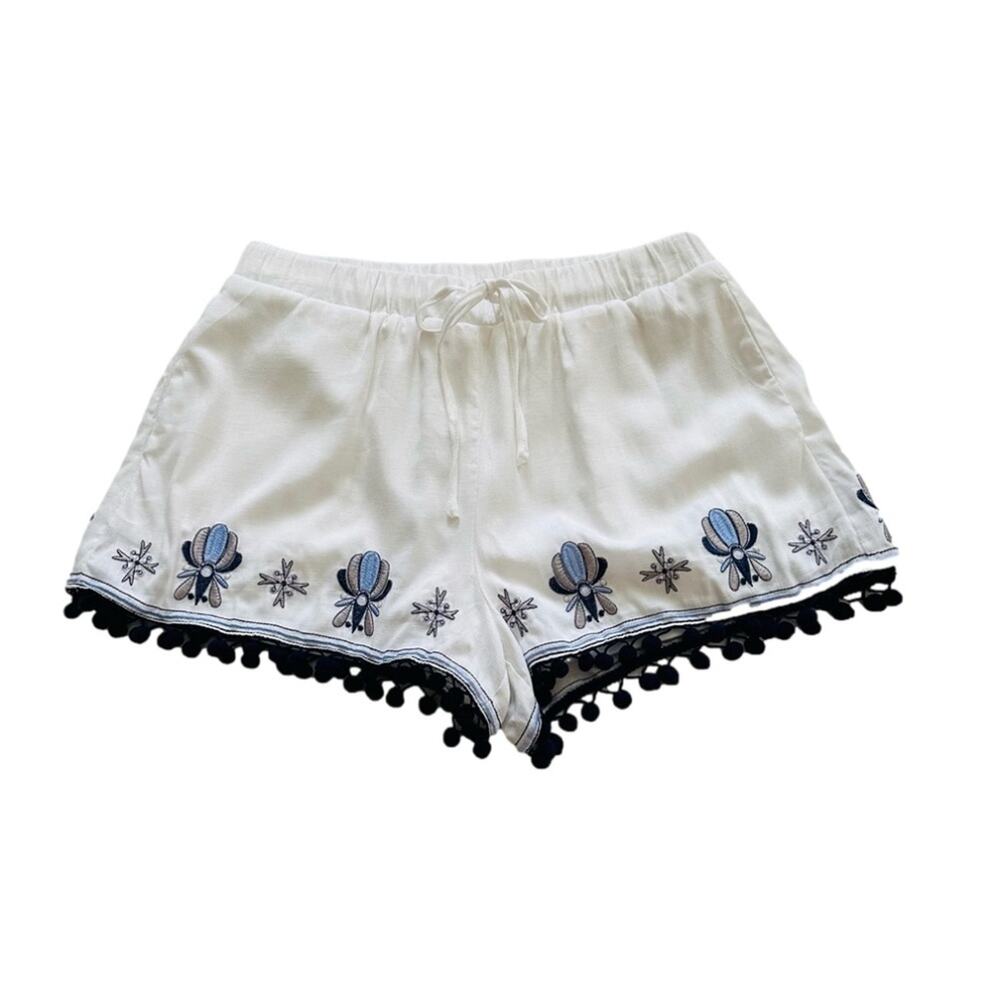 Miami Blue White Floral Embroidered Pockets Tie Pom Pom Hem Shorts Small NEW